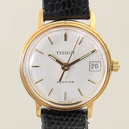 Damur Tissot Seastar 18K quartz datum plexiglas läderarmband original behov av batteribyte gravyr inga tillbehör