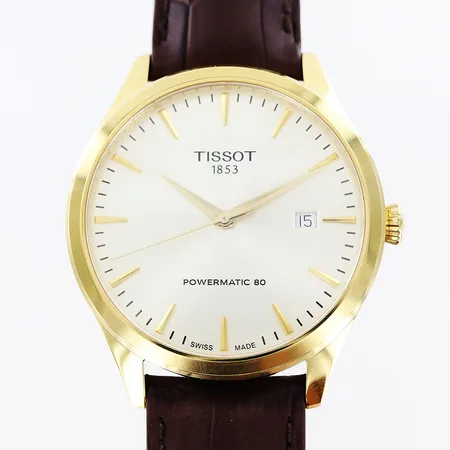 Herrur Tissot powermatic 80, gulmetall, automatisk, Ø40mm, ref T 158407 A, nr Y6Y 5JJ A3P, datum, sekundvisare, Hirsch läderband 27cm, törnås, inga tillbehör.