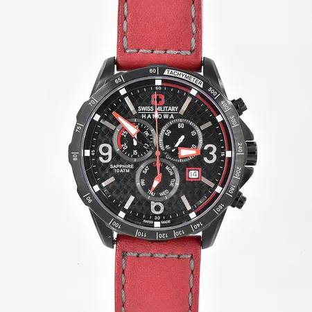Armbandsur Swiss Military Hanowa quartz, Ø43mm 6-4251/6-5251 datum svart stål kronograf läderband ej original inga tillbehör