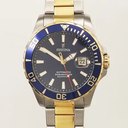 Herrur Festina stål/gulmetall, automatisk Ø44mm, datum, 20BAR/diver, safirglas, modell F20532, stållänk ca 19cm, viklås, mindre repor, inga tillbehör 