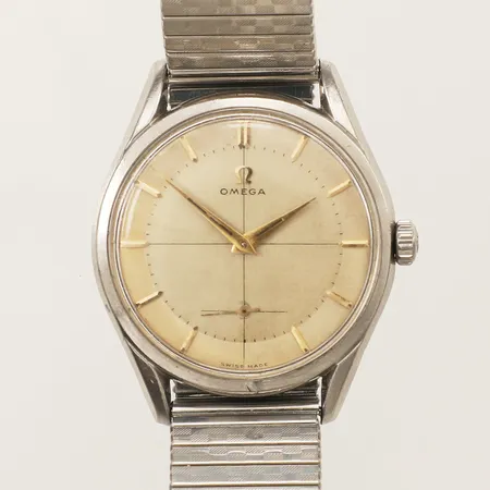Armbandsur Omega stål manuell, Ø36mm, liten sekundvisare, flexband ej original, patinerad urtavla repigt plexiglas och boett, inga tillbehör