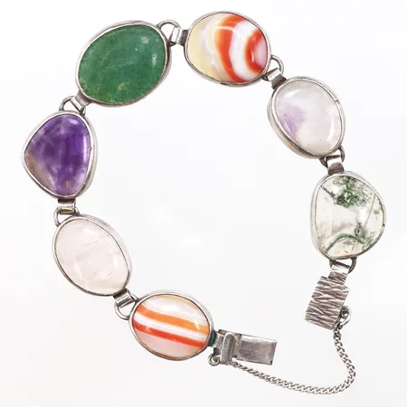 Armband med rosenqvarts, ametist, mossagat, längd 18cm, bredd 6-16,2mm, 925/1000 silver. Vikt: 27,9 g