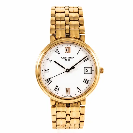 Herrur Certina 1888 guld 18K quartz Ø33mm safirglas urband korridor 18K (original Certina) innermått 17,5cm bredd 16-18mm viklås (svag låsning), gravyr. Går ej - Batteribyte krävs? Bruttovikt: 73,3g.