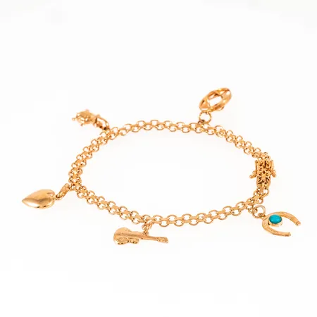 Armband x-länk i 18K guld med 5 berlocker (en berlock defekt, sten saknas). Längd 18,7 cm. Bredd 4,5 mm. Kistlås. Vikt 10,0g Vikt: 10 g