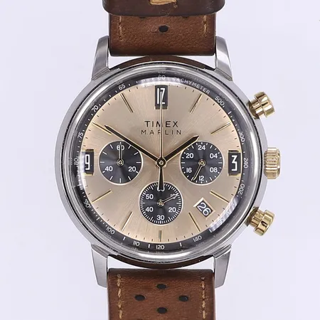 Herrur Timex Marlin Chronograph, Ø40mm, quartz, kronograf, stål, slitet läderband, inga tillbehör, fungerande vid katalogisering
