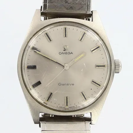 Herrur Omega Genève, automatisk, Ø34mm, stål, Cal 601, boettnummer 135041, verknummer 27774263, slitage på glaset, inga tillbehör
