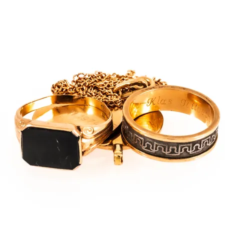 Diverse defekt/graverat guld 18K 28,3g inkl. sten och monel.