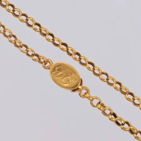 Collier ärtlänk längd 117cm, bredd 3mm, buckliga länkbitar, graverat lås, 23K Vikt: 44,7 g
