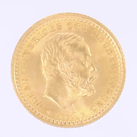 Guldmynt 5 Kronor "Oscar II konung av Sverige och Norge" år 1901 Ø16mm bredd 1mm 21K Vikt: 2,3 g