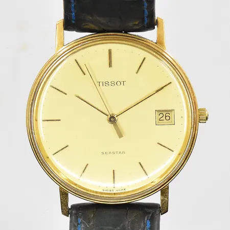 Herrur Tissot Seastar quartz 14K Ø33mm datum, repor på glas, gravyr på boett, batteribyte behövs, läderband med slitage.