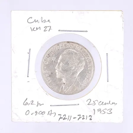 Mynt Republiken Kuba 25 centavos 1953 jubileumsmynt 100 års jubileum - Jose Martis födelse, i pappetui, silver 900/1000 Vikt: 6,2 g