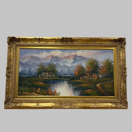 Tavla olja på duk, alpmotiv, signerad Heine, bildyta ca 118x59cm, ram ca 150x90cm. OBS! Skickas ej. Specialfrakt, kontakta pantbankskontoret för mer information.