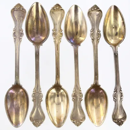 6 Dessertskedar längd 14,5cm, gravyr, 830/1000 silver Vikt: 138,7 g