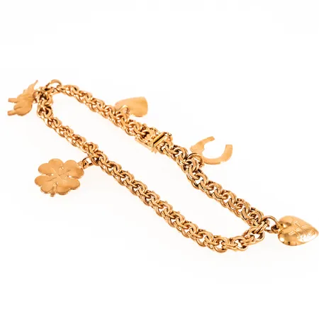 Armband Bismarck med fem berlocker längd 18,5cm, bredd 5,3mm, 18K 17,4g.