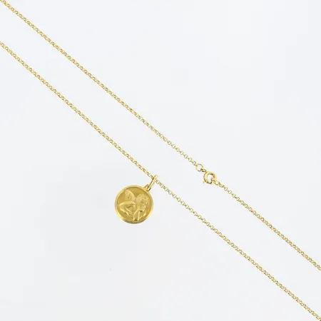 Kedja med hänge ca 47cm, bredd: 1mm, hänge Ø15mm, skev ändögla, 14K Vikt: 6,8 g