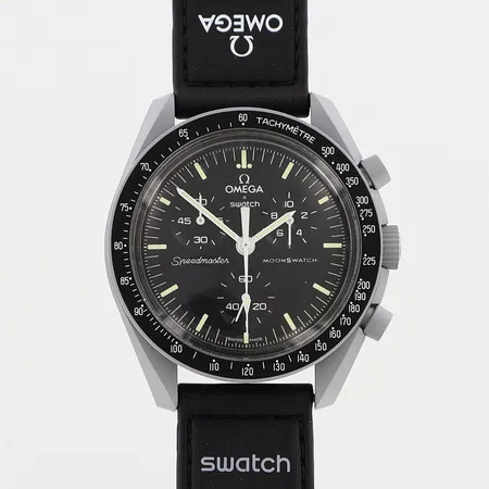 Herrur Omega x Swatch Speedmaster MoonSwatch, Ø42mm, Mission to the moon, velcro-band, plexiglas, kronograf, ref: SO33M100, manual, garantibevis, kartong