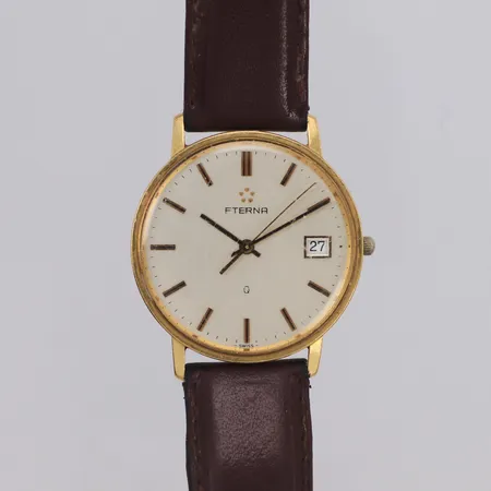 Armbandsur Eterna Ø34mm, quartz, datum, gravyr, går ej, läderband ej original, inga tillbehör