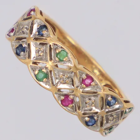 Ring med färgade stenar och diamanter 5xca 0,005ct, stl:16, bredd 6mm, 18K Vikt: 3,4 g
