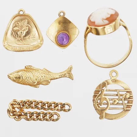 Diverse guld, kamé, ametist, defekt, 18K. Vikt: 7 g