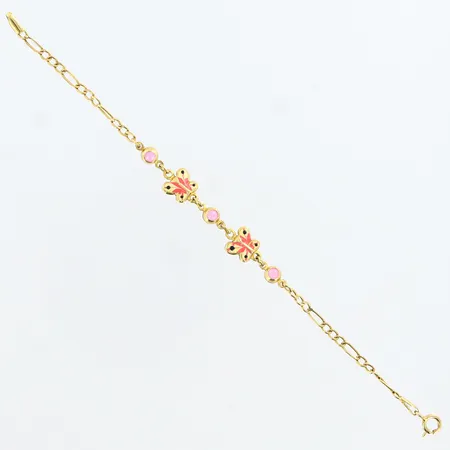 Armband figaro med lila stenar, fjärilar, emalj, längd: 14,5cm, bredd: 2-7mm, 14K Vikt: 1,9 g