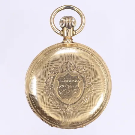 Fickur oidentifierad tillverkare, Ø49mm, 18K i boett, schweiziska stämplar, boettnummer 103270, kalenderfunktion, OBS urverk fungerar ej säljs i befintligt skick, bruksslitage, bucklor, något svåröppnad boett, saknar en visare till kalender, hängögla ej guld, gravyr, Bruttovikt: 97,9g Vikt: 0 g