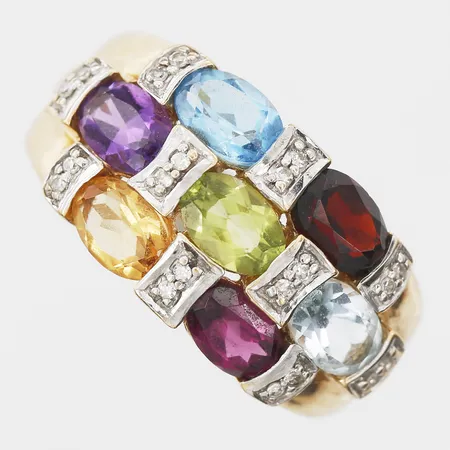 Ring med åttkantsslipade diamanter samt akvamarin, granat, ametist, peridot, citrin  samt rodonit. Diamanter totalt 0,10ct, kvalitet ca W(H)/P, stl: 17¾, tillverkad av Guldfynd, stämplad GHA, Artikelnummer: 20027311, nypris 17998:-, 18K guld Vikt: 5,9 g