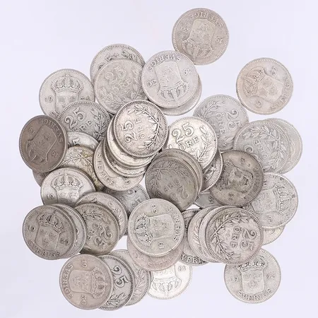 54st mynt Sverige 25 öre 1914-1941, slitage, silver 600/1000 Vikt: 128,3 g