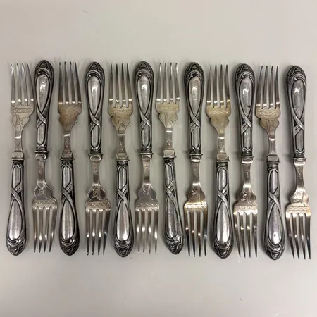 12 Matgafflar längd 19cm, del i stål, 800/1000 silver bruttovikt 520,5g Vikt: 520,5 g