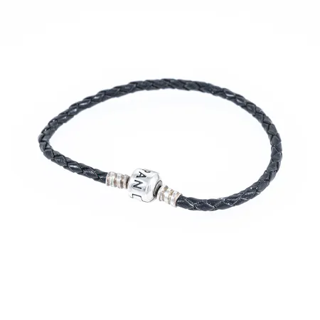 Läderarmband Pandora längd 20cm, bredd 3,2mm svart läder, silver 925/1000 4,7g inkl läderband.