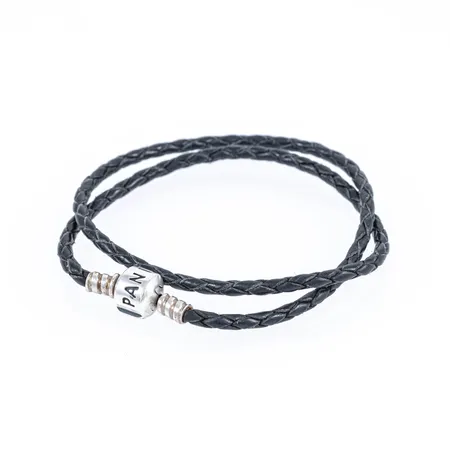 Läderarmband 2-radigt Pandora längd 18cm, bredd 5,5mm svart läder, silver 925/1000 5,4g inkl läderband.