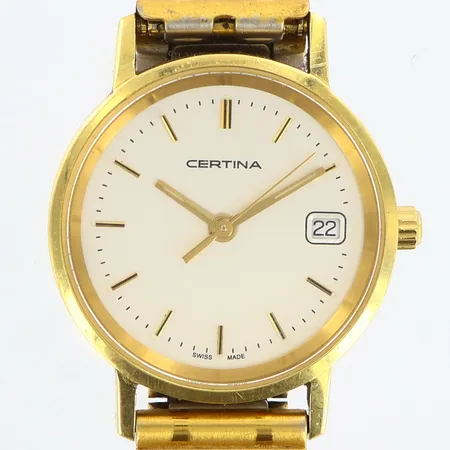 Damur Certina 18K i boett Ø23mm, länk i stål, gravyr, i behov av batteribyte, bruksslitage