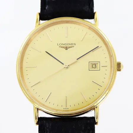 Herrur Longines stål/gulddoublé quartz Ø33mm, ref L4.636.2, serienr 27134958, datum, sekundvisare, original läderband 23cm, törnlås med logga, i behov av batteribyte, gravyr, inga tillbehör. Vikt: 0 g