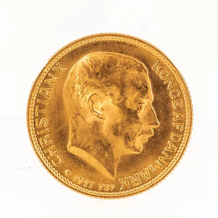 Mynt Ø23mm Christian X Konge af Danmark 1917 20 Kroner, 21,6K 8,9g.