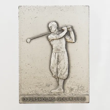 Plakett Djursholms golfklubb Metallfabriks A/B C C Sporrong & Co, bredd 7,2cm, längd 5,2cm, gravyr, etui, Silver. Vikt: 111 g