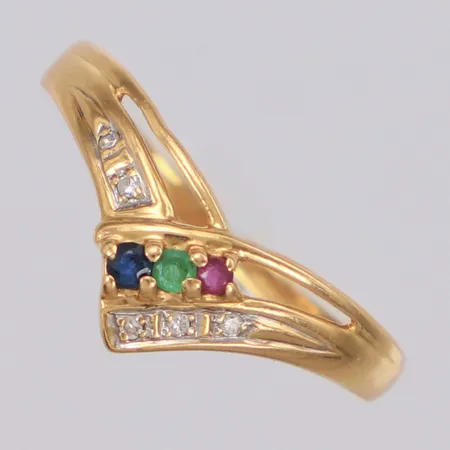 Ring med diamanter 5 x ca0,005ct, safir, smaragd, rubin, stl:17¾, bredd 8,3mm, 18K Vikt: 1,5 g