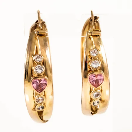Creoler Ø 45mm med rosa och vita stenar, bredd 12mm, bucklor och ojämnheter, 14K 8,4g. 