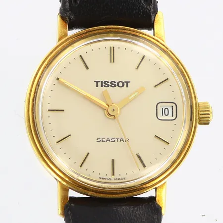 Damur Tissot Seastar 18K, quartz, Ø22mm, datum, sekundvisare, slitet läderband, i behov av batteribyte, inga tillbehör.