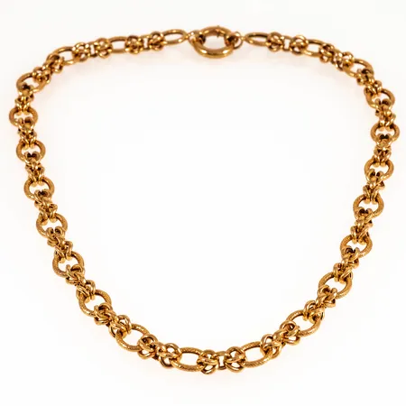 Collier med dekorativa länkar i olika form och storlek, längd 46cm bredd 2-9,5mm, ihåligt, 21K 21,7g. 