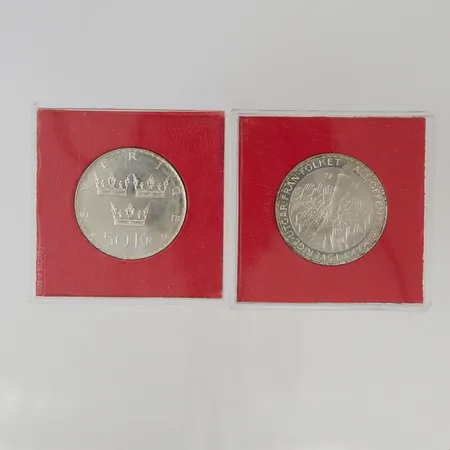 2 Minnesmynt 36mm nominellt värde 50kr, etui, 925/1000 Silver 54,0g.