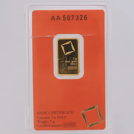 Guldtacka Valcambi Suisse 5g, serie-nr AA507326, bruten plombering, 24K