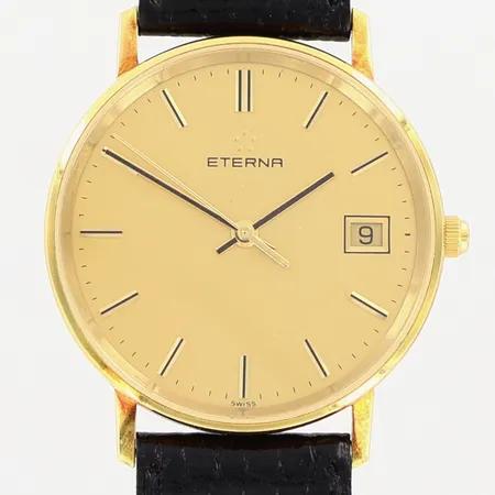 Herrur Certina quartz Ø33, 18K i boett, läderband, gravyr, bruksslitage, mildare slitage i etui, behov batteribyte, bruttovikt: 26,15gram