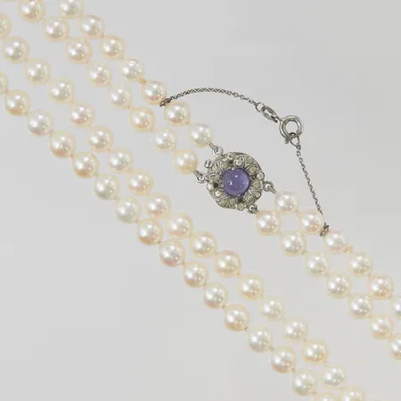 Pärlcollier 46cm, 2 rader odlade sötvattenspärlor ca 6,5mm, silverlås med kalcedon. Vikt: 0 g