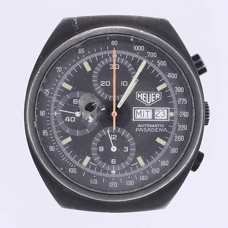 Herrur Heuer Pasadena Ø41mm, automat, kronograf, tysk dag/datum, stål, cal. 7750, ref. 750.501, OBS reparationsobjekt, defekt glas, mycket sliten boett, saknar visare till minuträknare vid kl 12, tickar men ej testad för tidshållning troligt servicebehov, inget band, inga tillbehör