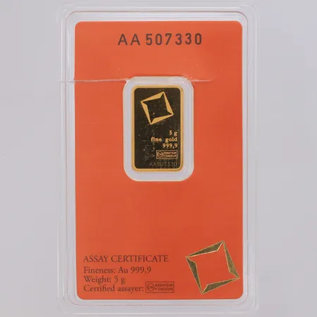 Guldtacka Valcambi Suisse 5g, serie-nr AA507330, bruten plombering, påse, 24K