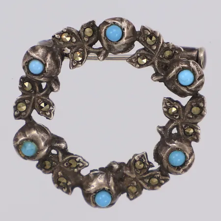 Brosch med turkosa stenar och markasiter Ø28mm, Kaplans Stockholm, , 830/1000 silver Vikt: 6,5 g