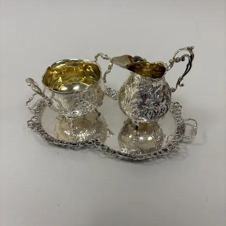 Servis, möjlkkanna, sockerskål, fat, GEWE, 830/1000 Silver 441,9g.