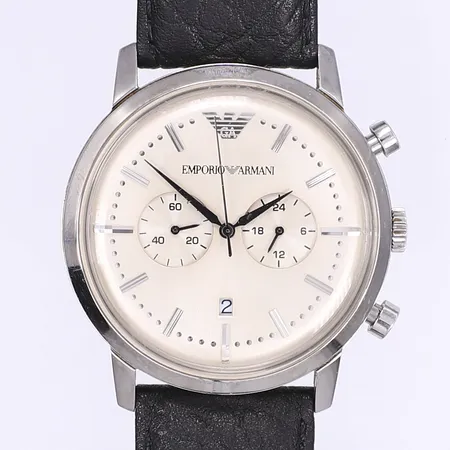 Herrur Emporio Armani AR-0577 Ø44mm, quartz, kronograf, 24-timmars visning, datum, stål, läderband ej original, kronograf återställer ej korrekt sekunder eller minuter, bruksslitage, inga tillbehör