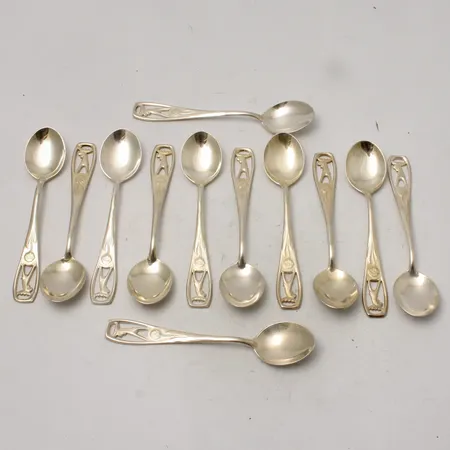 12st skedar, 10,5cm, modell Jämtskogen, silver 830/1000, Schalin Bror Guld Ab, 150,78g.