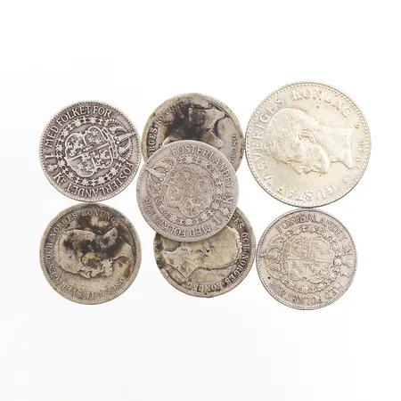 Cirkulationsmynt, 6st 1-kronor, 1st 2-krona, 800/1000 silver Vikt: 59 g