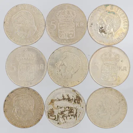 9 Mynt Gustaf VI Adolf 5kr 1954-55, 400/1000 silver  Vikt: 162,3 g